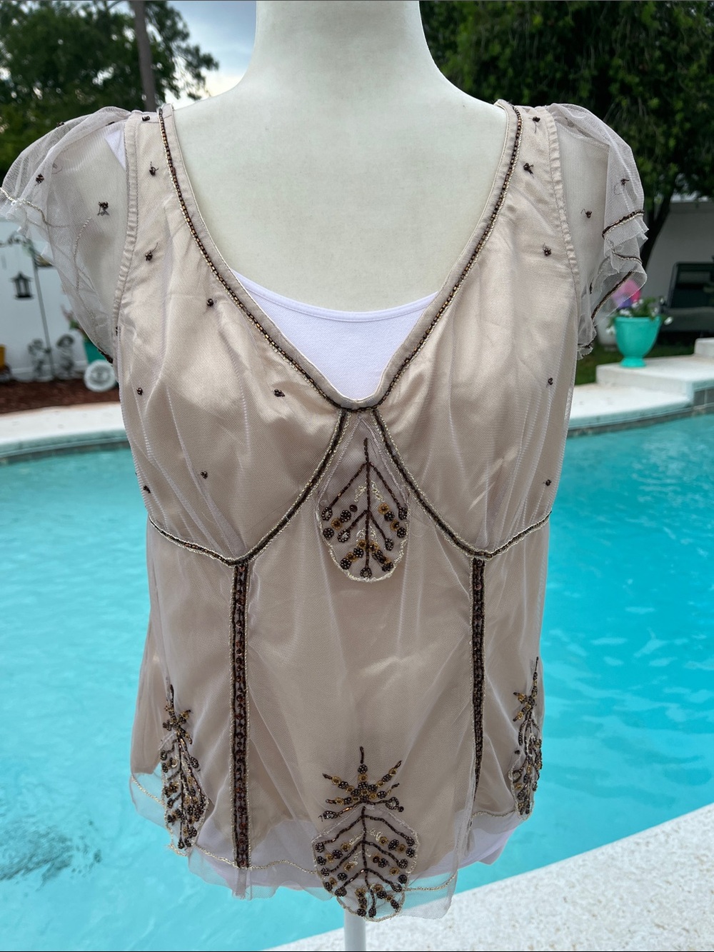 Bandolino beige sheer beaded blouse